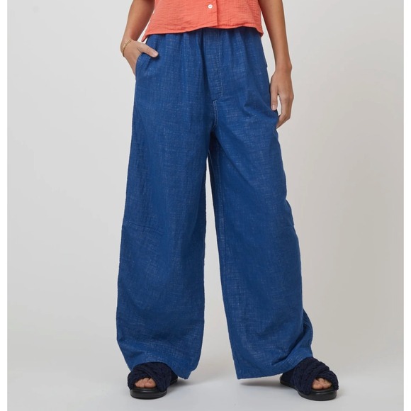 ATELIER DELPHINE Women's Mikia Blue Cotton Gauze Wide Leg Cropped Pants Size S‎